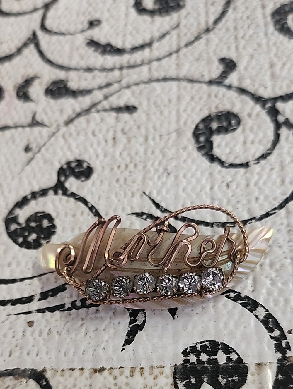 Mother Brooch in Rose Gold with Crystal Accents and Mother of Pearl Leaf.